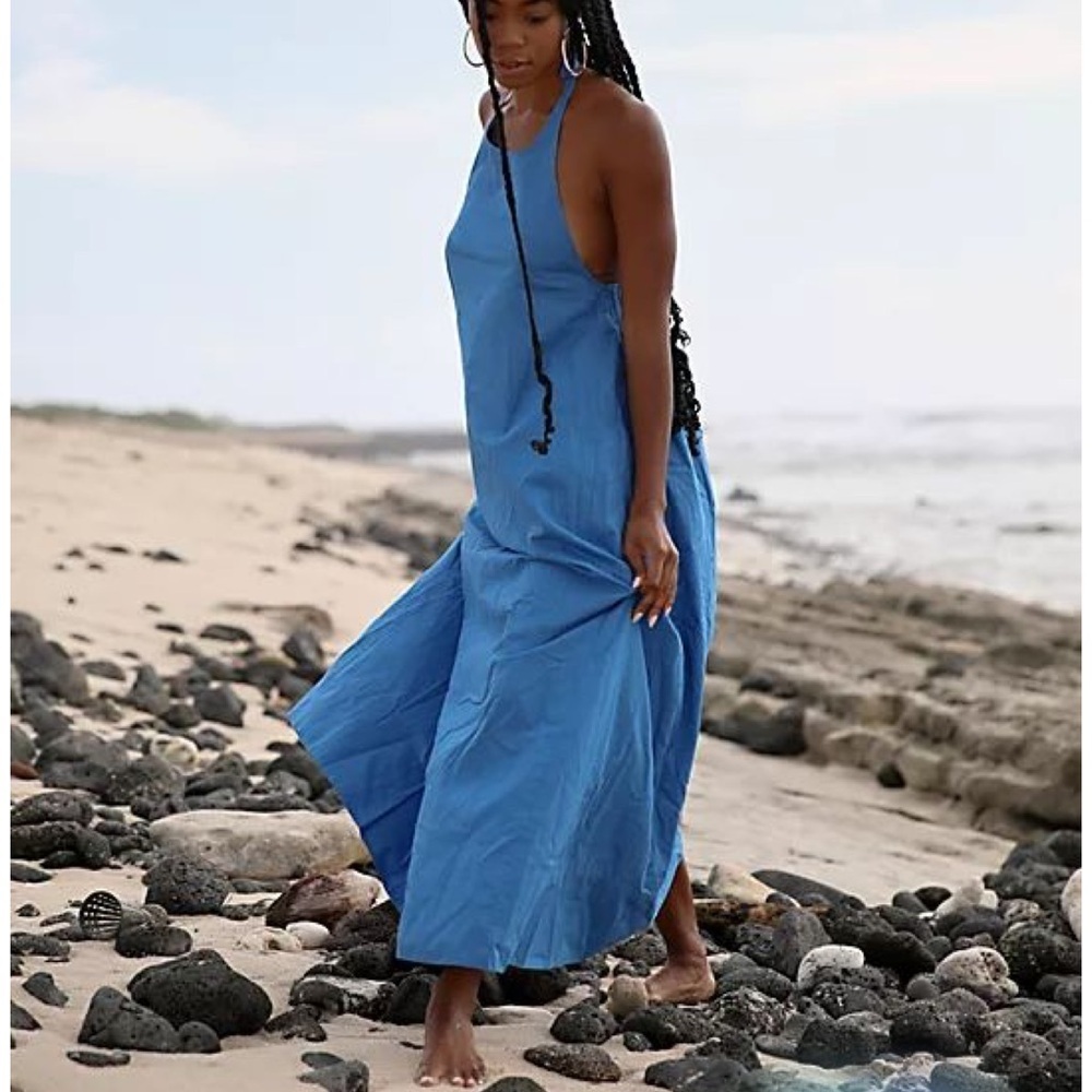Free People Beachside Tide blue Cotton halter low‎ back maxi dress Sz M